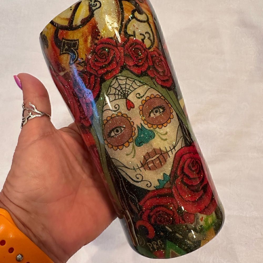 Tumbler Hand Crafted Tacos Sugar Skulls Dia De Los Muertos 20 oz.